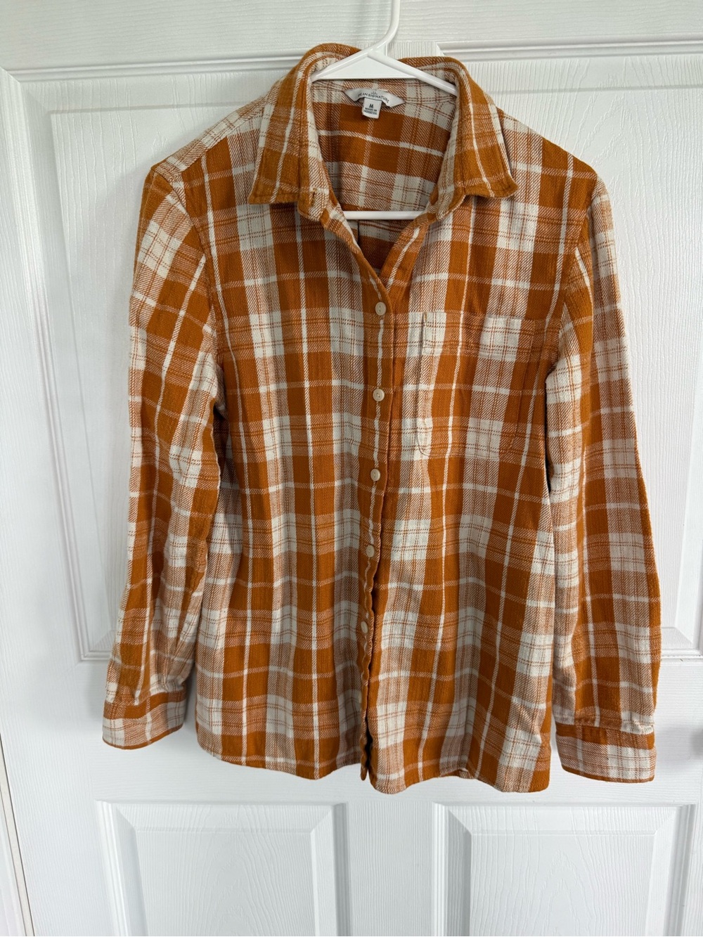 L.L. Bean Women’s M Orange Plaid 100% Cotton Flannel Shirt Fall Button Down